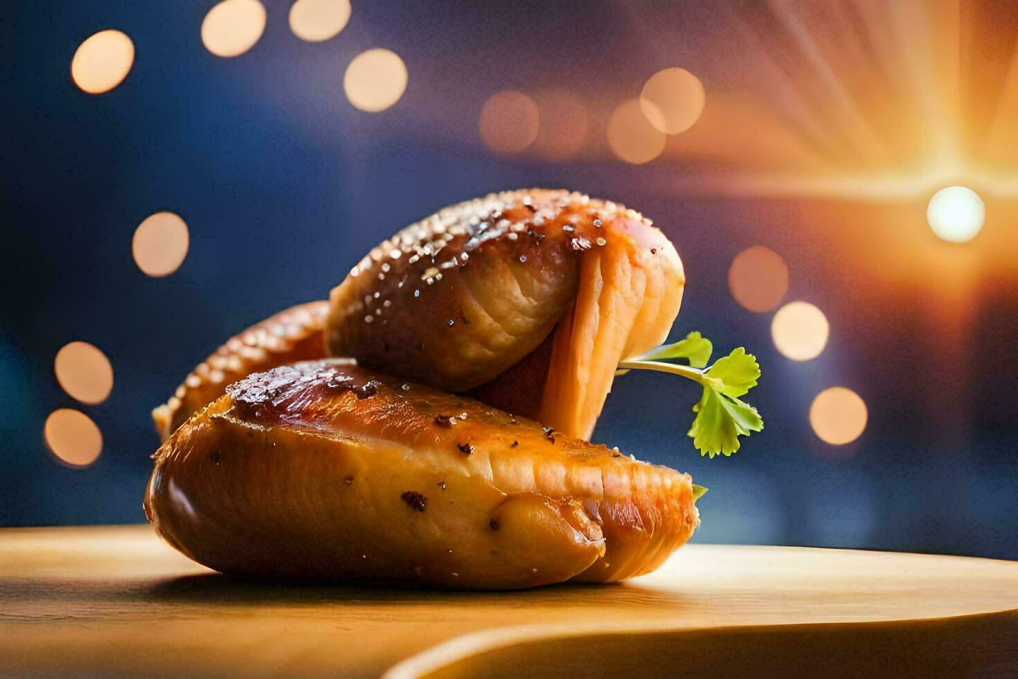 two chicken wings on a wooden cutting board. AI-Generated photo