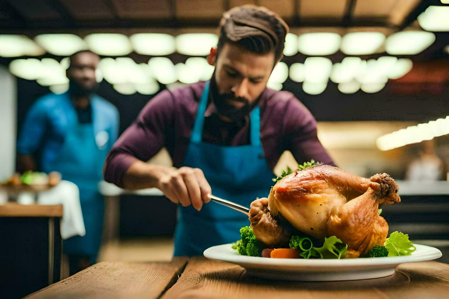 a man in apron is cutting a turkey on a plate. AI-Generated photo