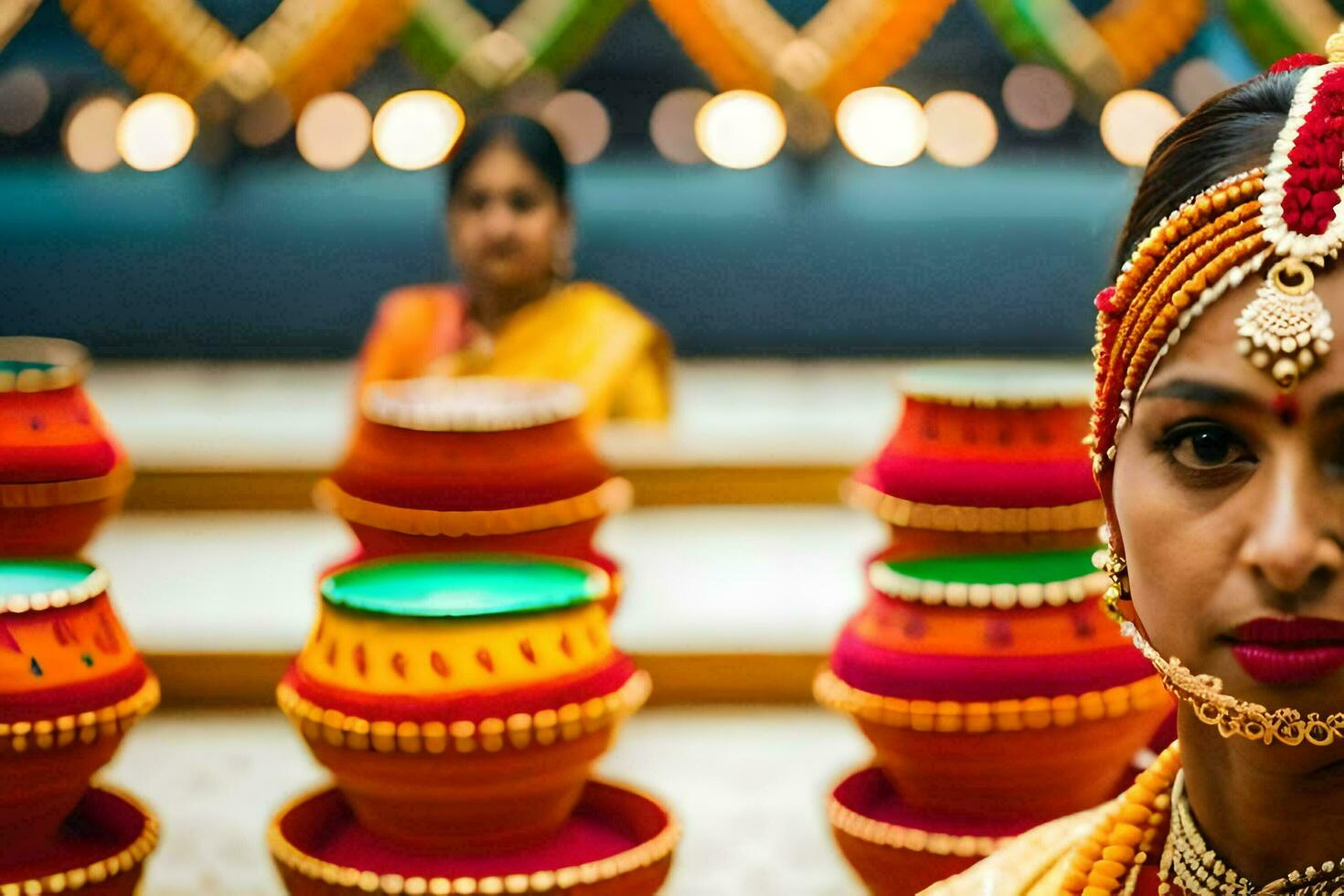 a woman in traditional indian attire is standing in front of pots. AI-Generated photo