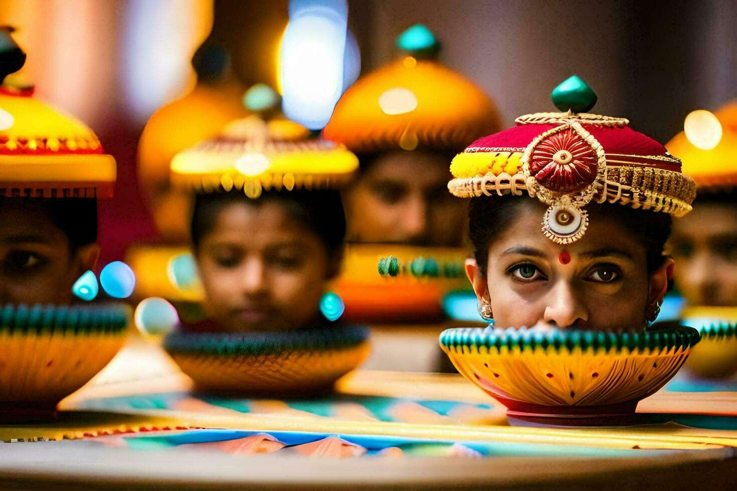 a group of children wearing colorful headdresses. AI-Generated photo