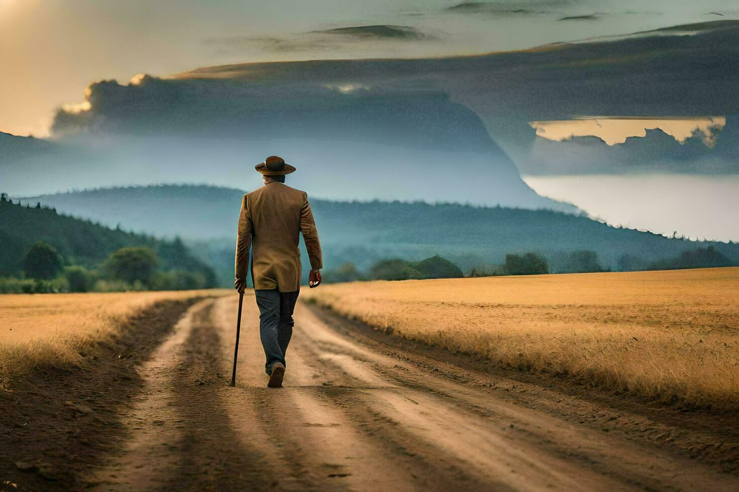 a man walking down a dirt road with a cane. AI-Generated photo