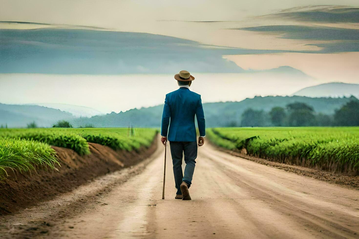 a man in a suit and hat walks down a dirt road. AI-Generated photo