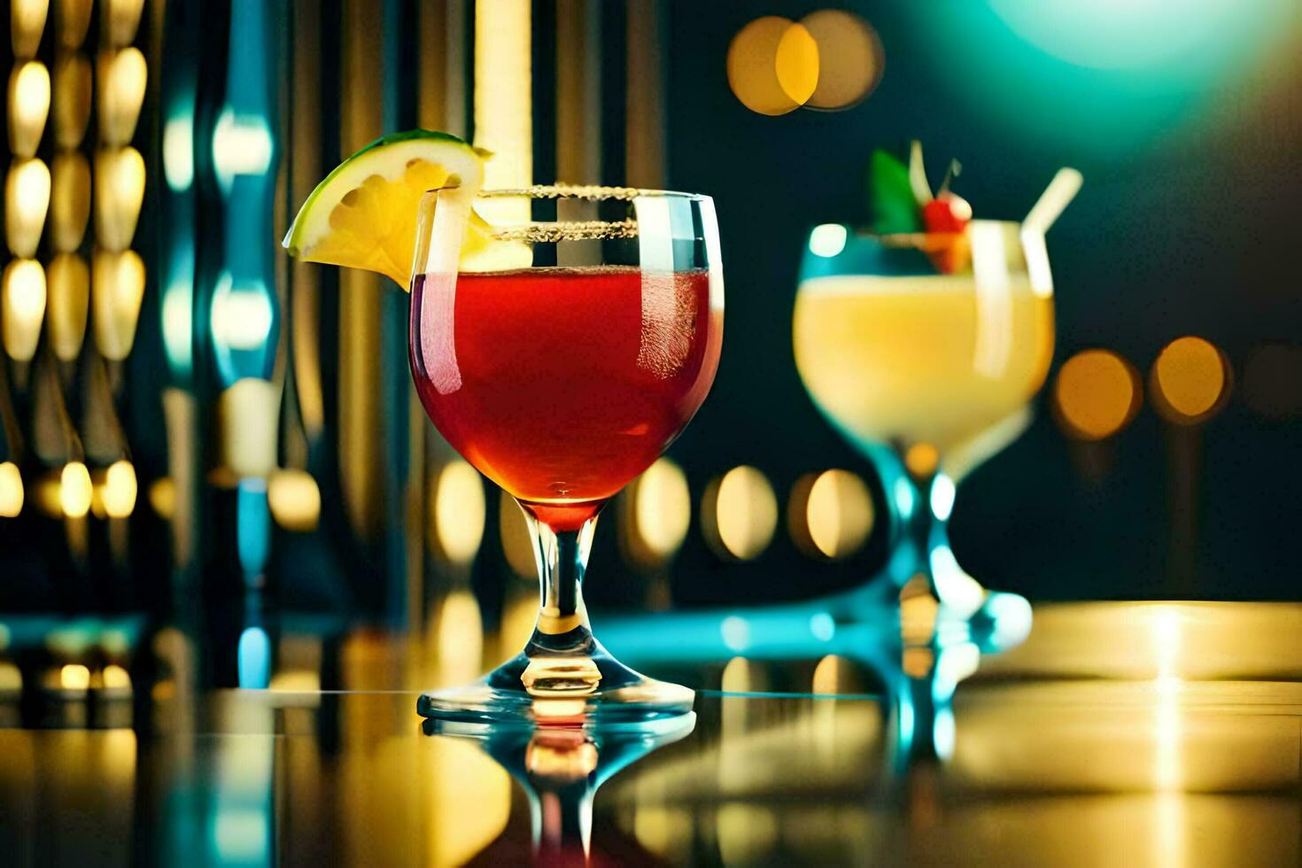 two glasses of cocktails on a bar counter. AI-Generated photo