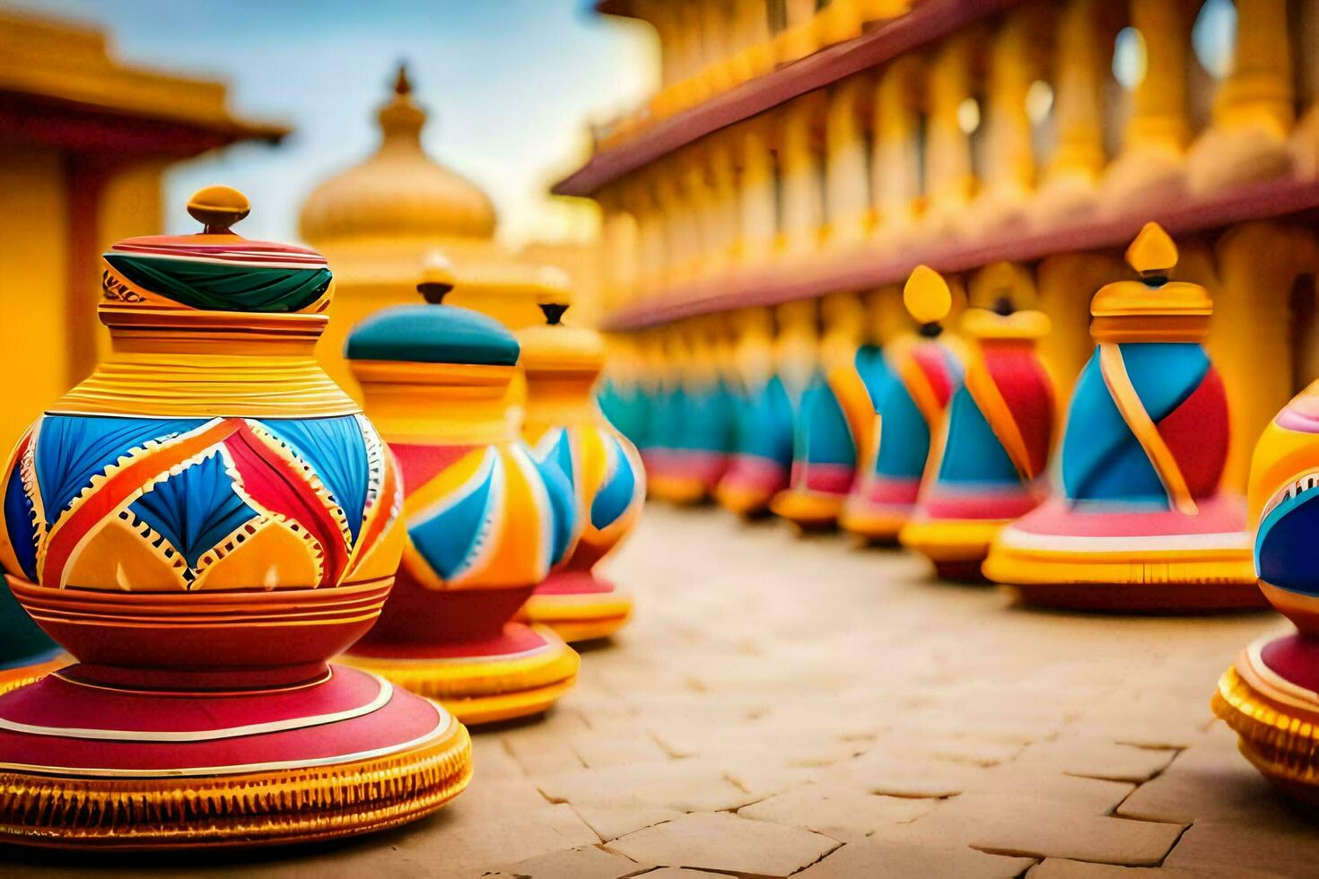 colorful vases lined up in a row. AI-Generated photo