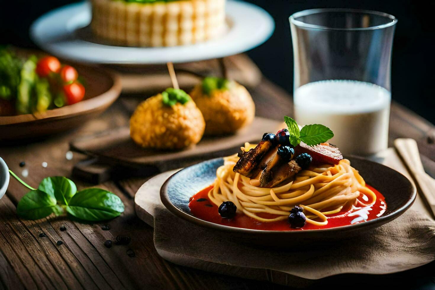 spaghetti with meat and vegetables on a wooden table. AI-Generated photo