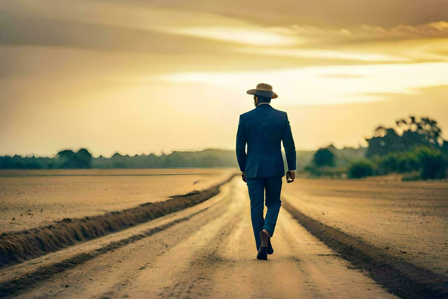 a man in a suit and hat walks down a dirt road. AI-Generated photo