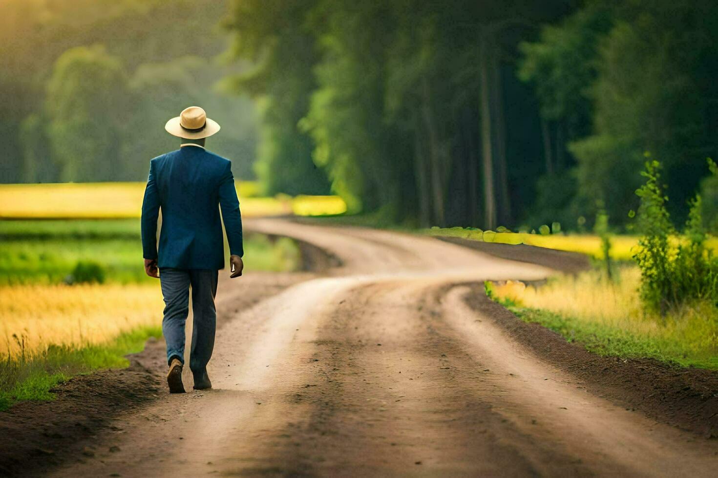 a man in a suit and hat walks down a dirt road. AI-Generated photo