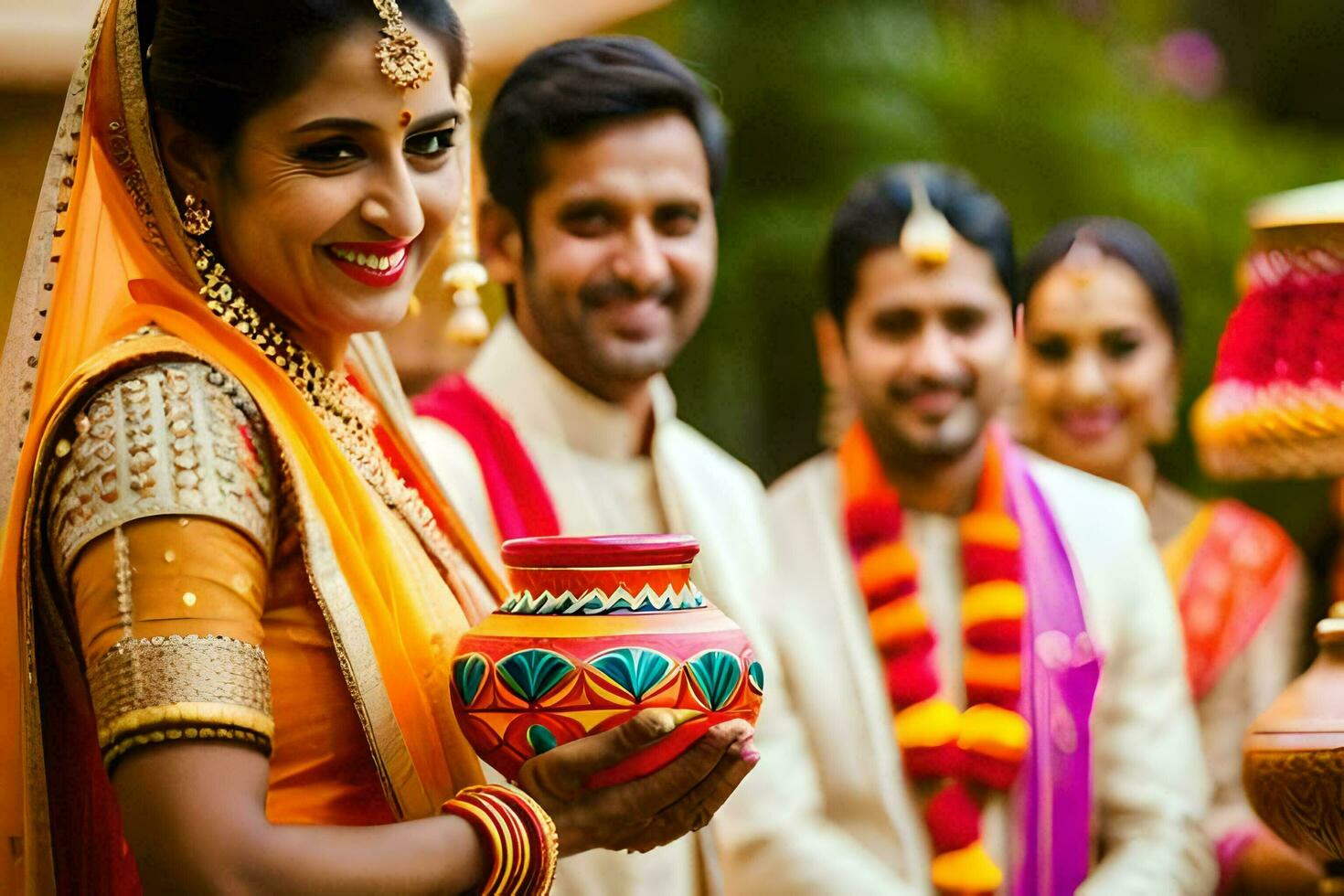a woman in traditional indian attire holding a pot. AI-Generated photo