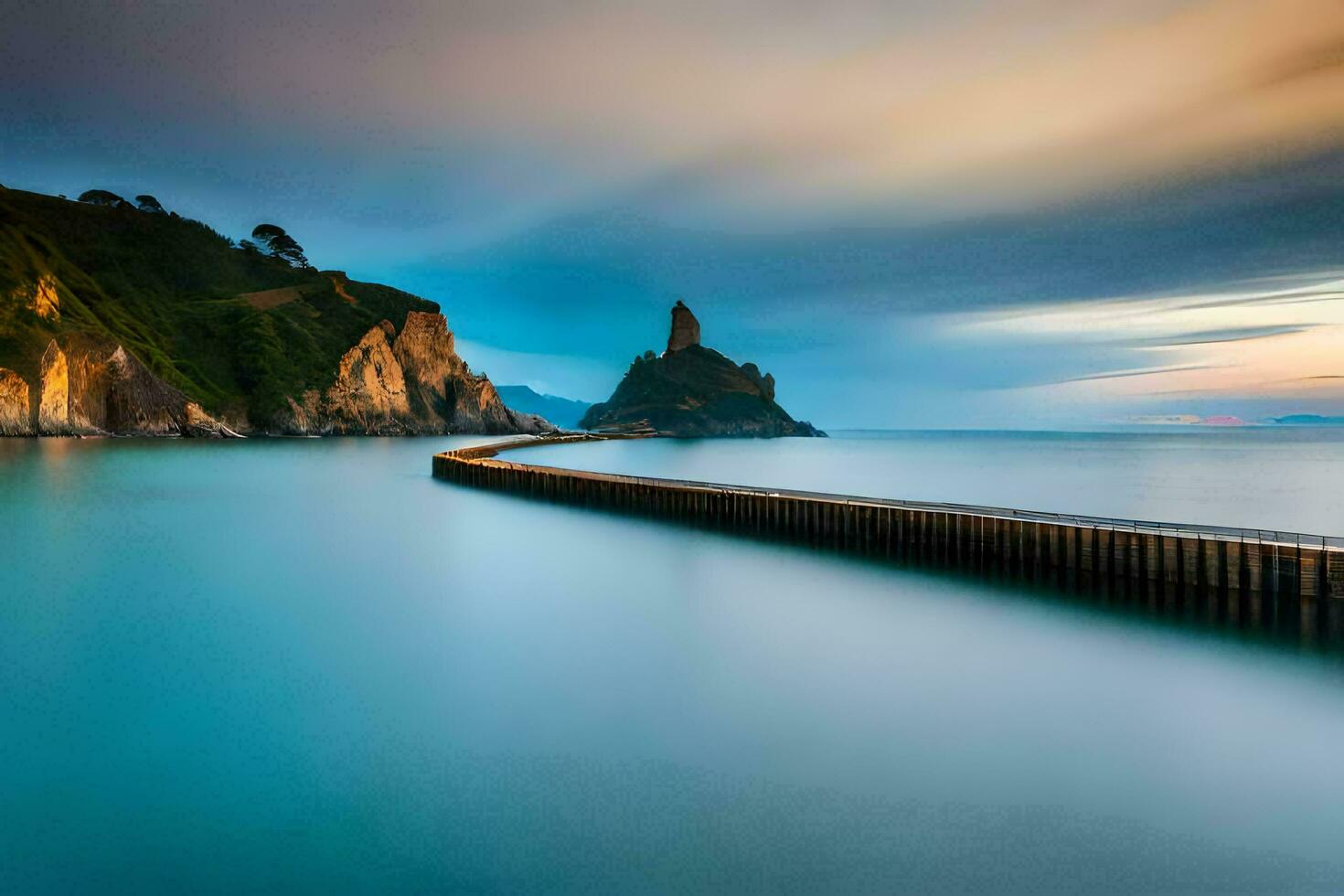 a long exposure photo of a pier in the ocean. AI-Generated