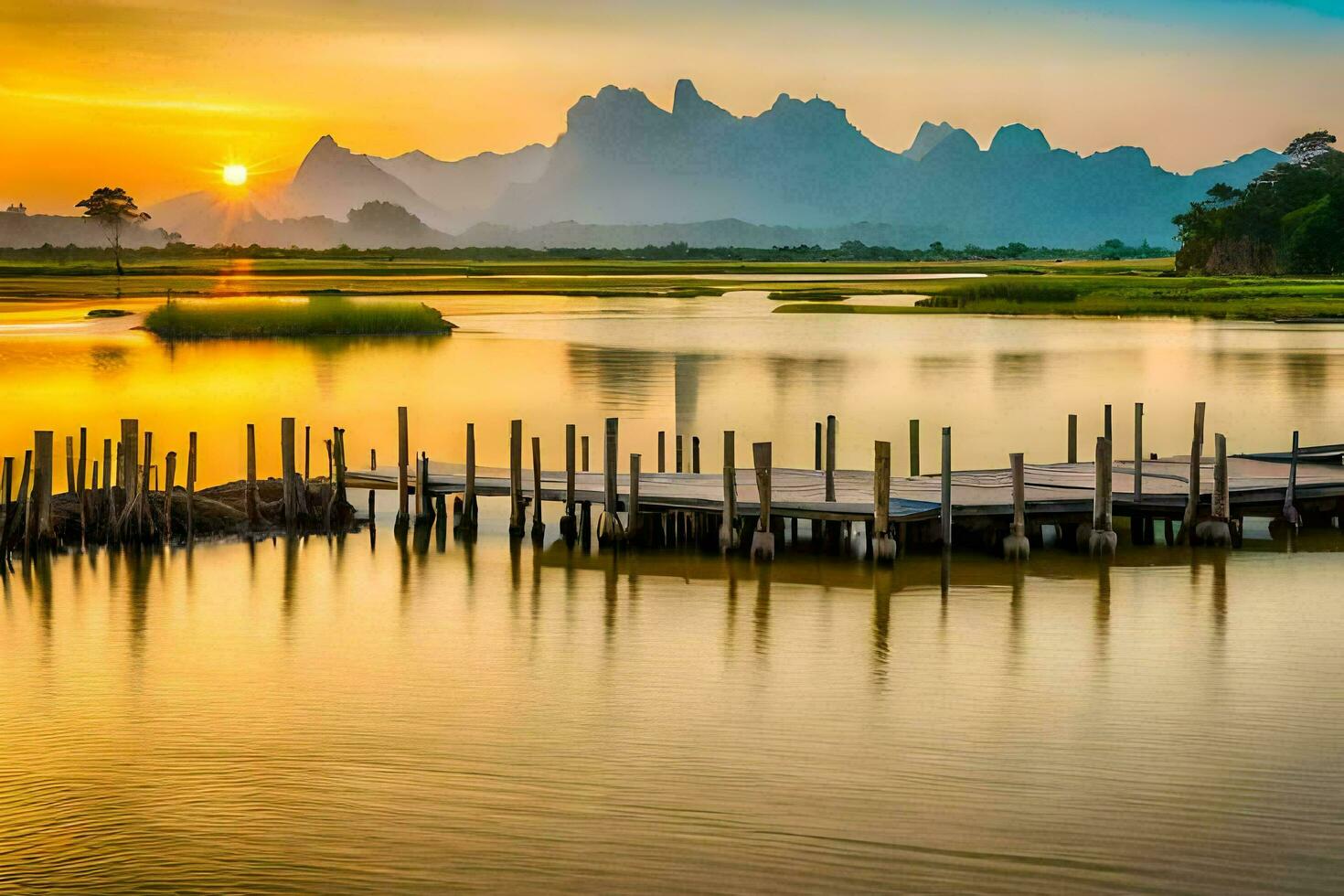 a boat pier in the middle of a lake with mountains in the background. AI-Generated photo