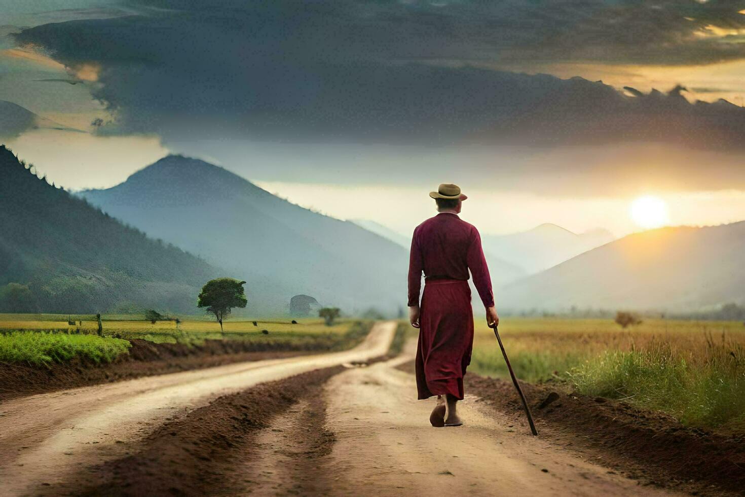 a monk walking down a dirt road at sunset. AI-Generated photo