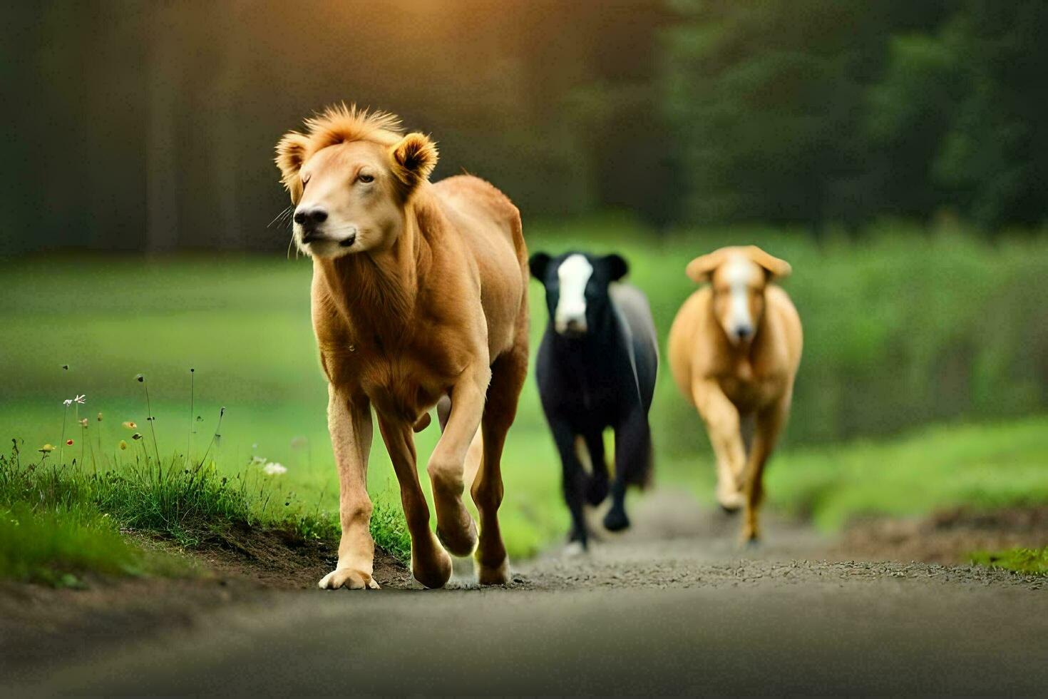 three cows running down a road in the middle of a field. AI-Generated photo