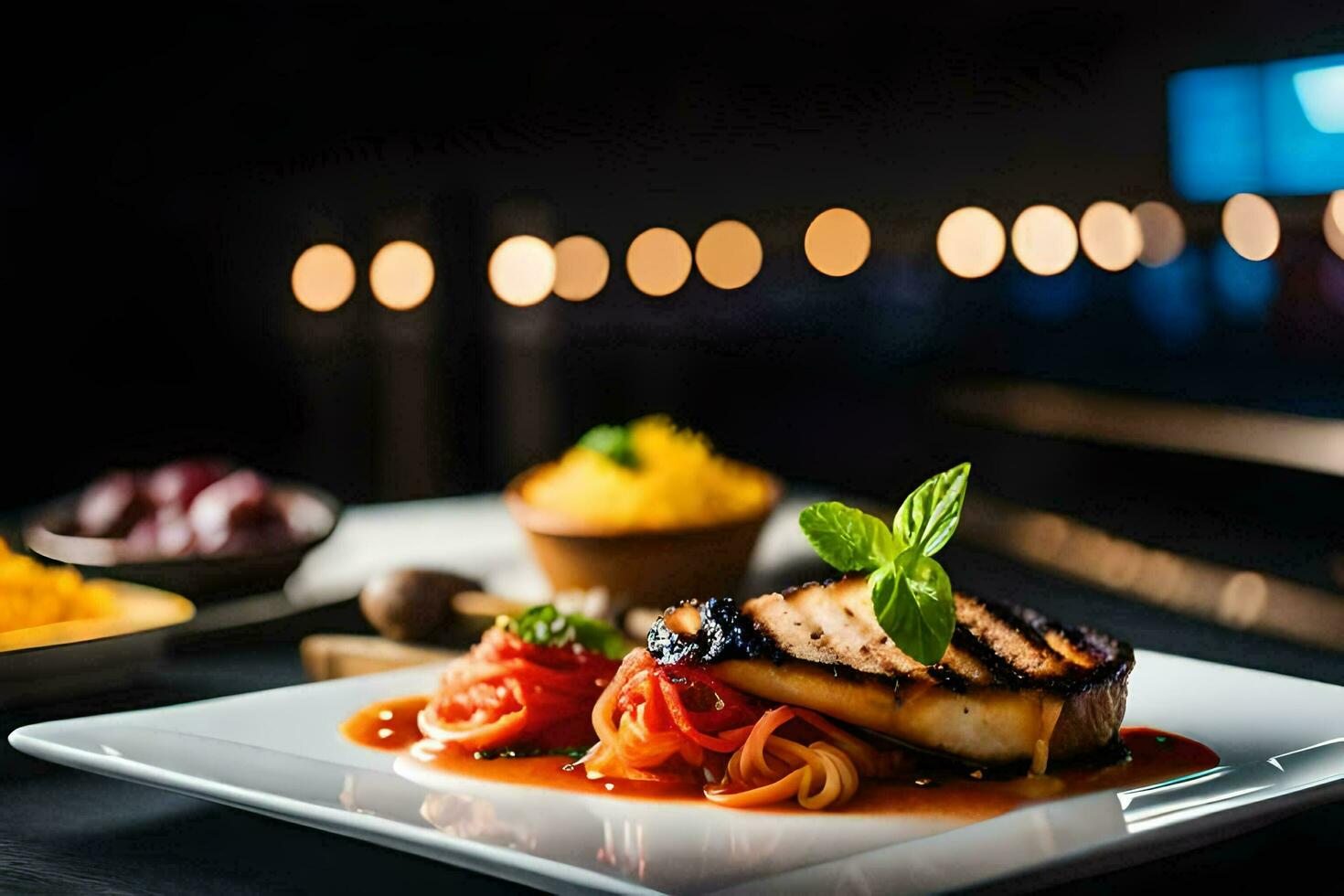 a plate of food with a grilled steak on it. AI-Generated photo