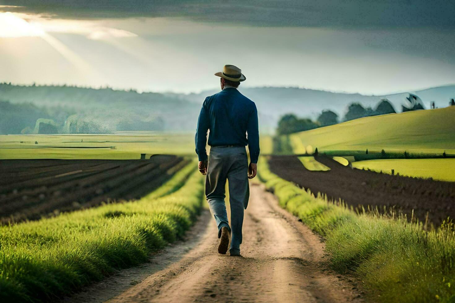 un hombre en un sombrero camina abajo un suciedad la carretera. generado por ai foto