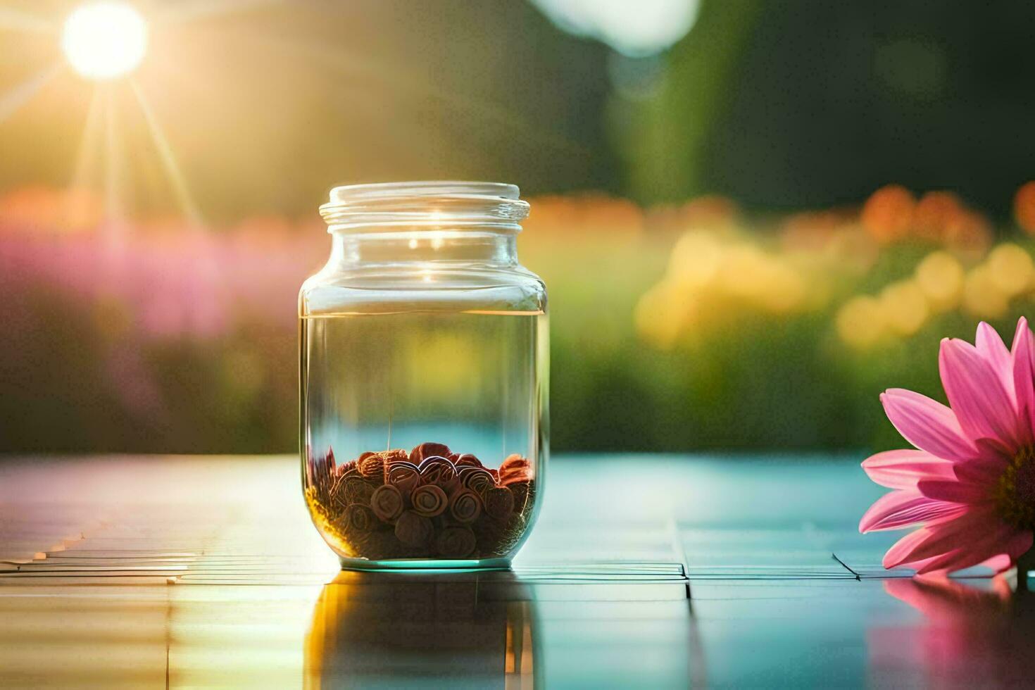 un flor y un tarro de agua en un mesa. generado por ai foto