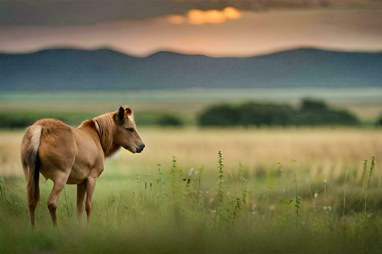 a horse is standing in a field at sunset. AI-Generated photo