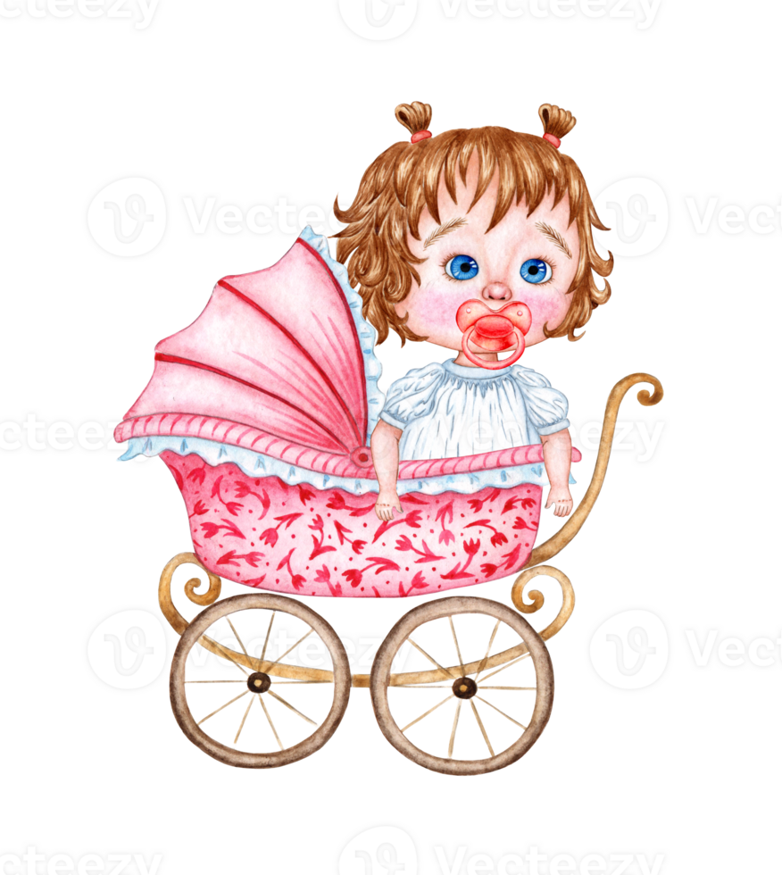 Watercolor illustration Baby pink pram with little girl, newborn car, pram drawing with flowers. Patterns for fabric textiles of children's clothing, wallpaper, wrapping paper, packaging, design. png