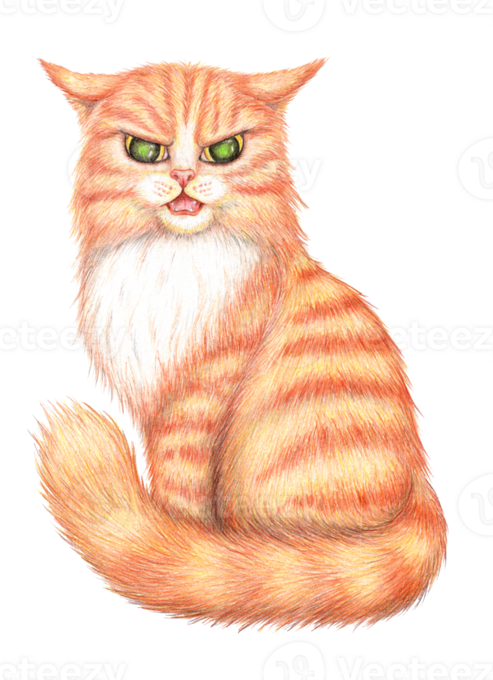 Colored pencil illustration of an angry ginger cat. Kitten with disgruntled big yellow eyes. Cartoon funny kitty drawing for prints. Isolated. Drawn by hand. png