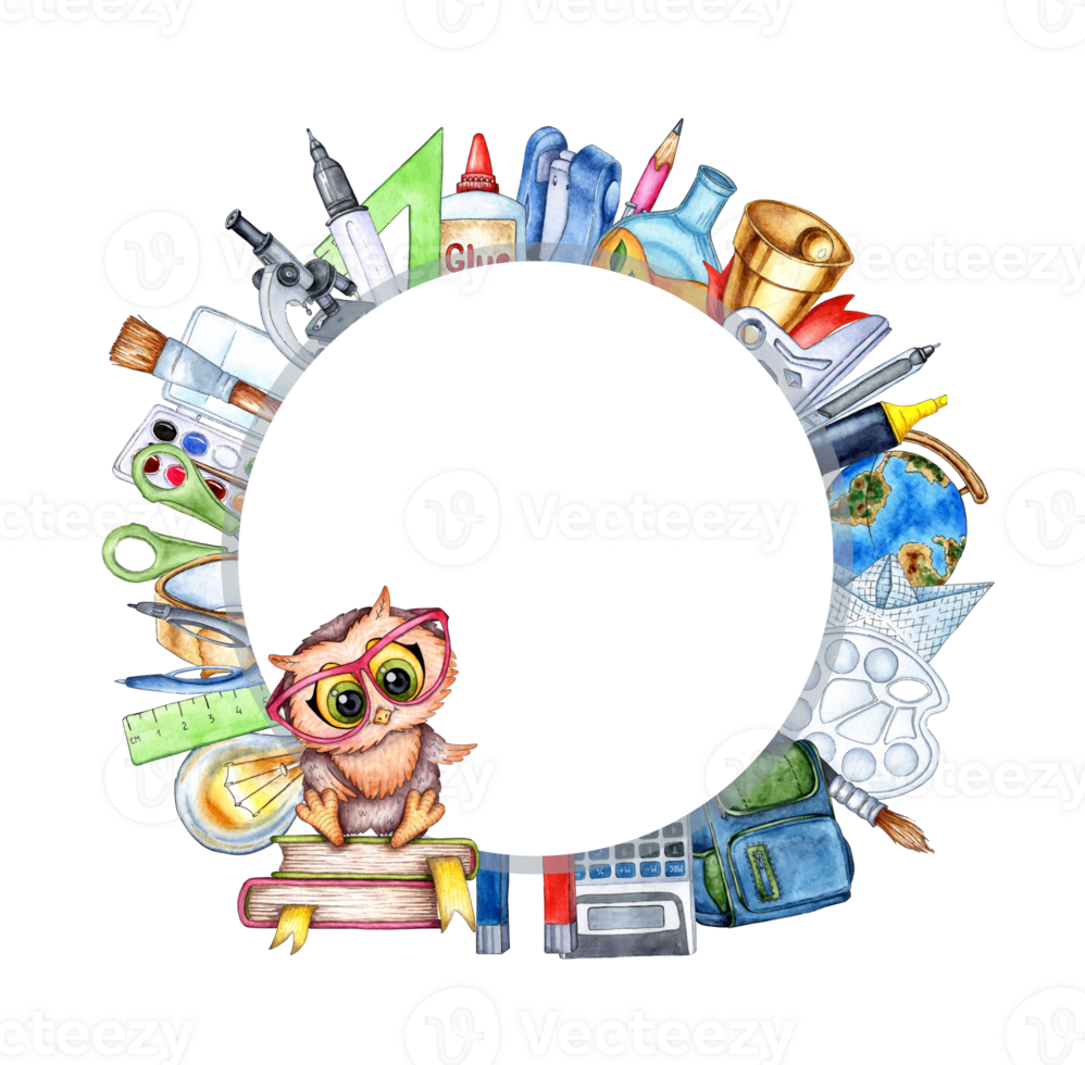 Watercolor round frame with students, school supplies, equipment, stationery and pine. Back to school. Education concept isolated. drawn png