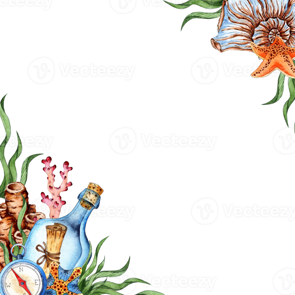 Watercolor illustration of a frame from a bottle with a message, seashells, corals, algae, starfish, compass. Composition for posters, postcards, banners, flyers, covers, posters and other printing png