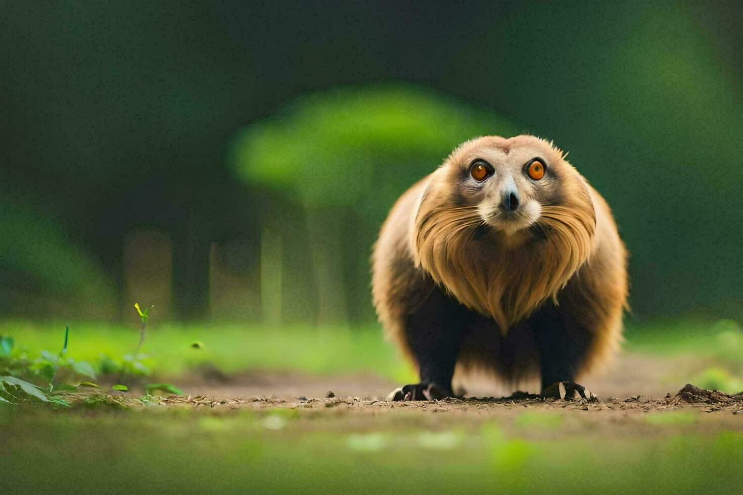 a small animal with big eyes standing on the ground. AI-Generated photo