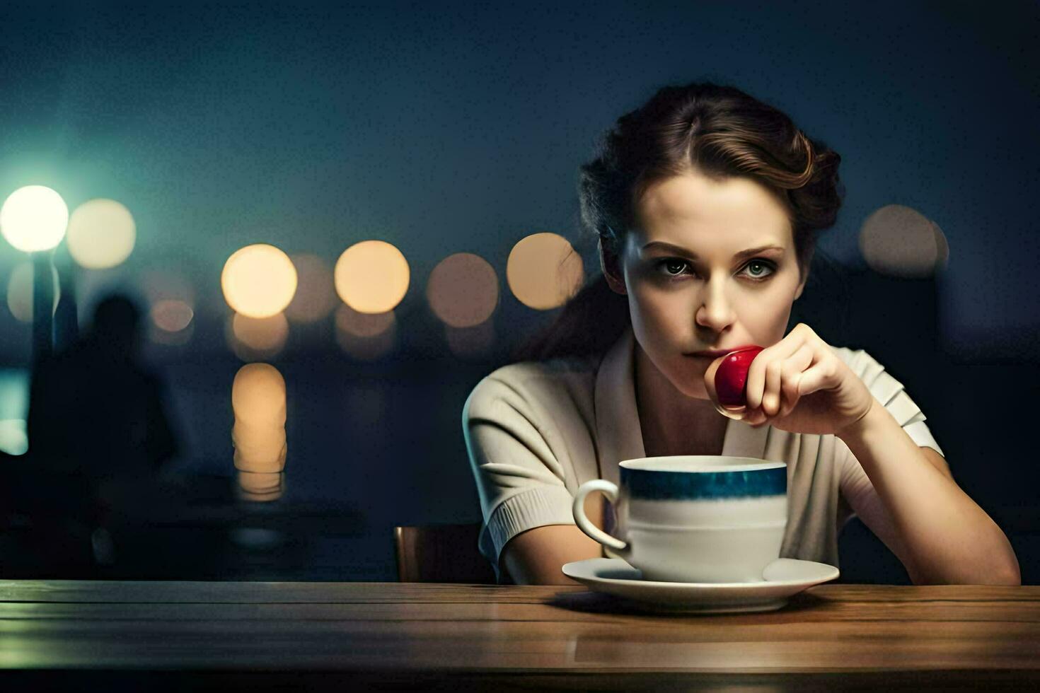 a woman is sitting at a table with a cup of coffee. AI-Generated photo