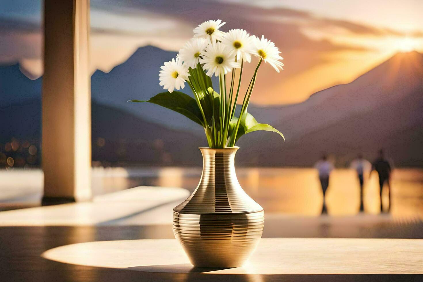 a vase with flowers on a table in front of a lake. AI-Generated photo