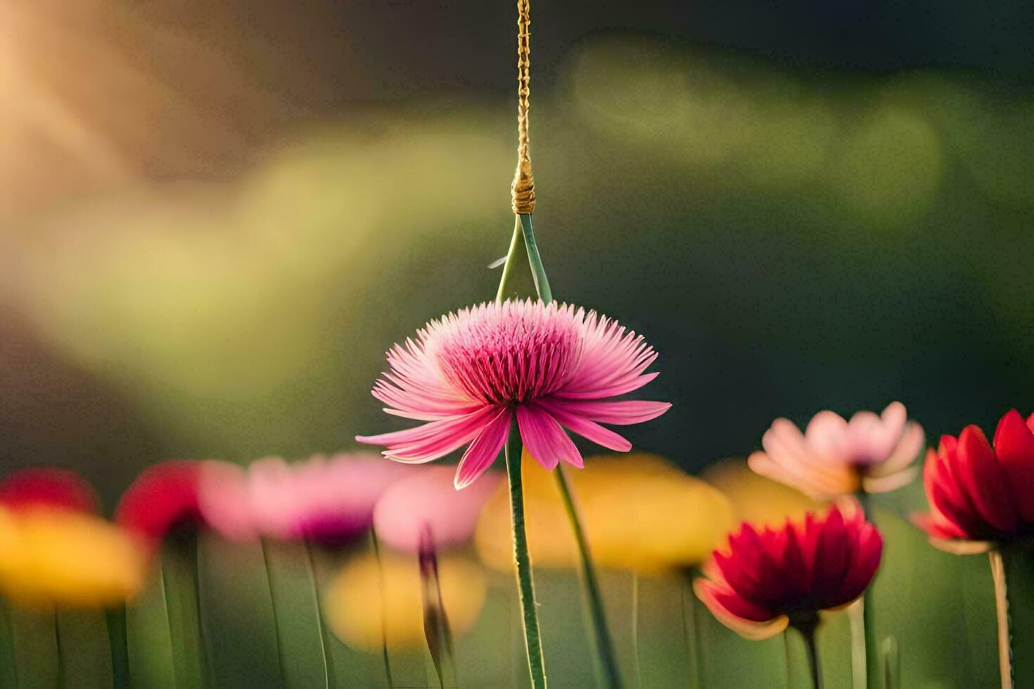 a pink flower hanging from a chain. AI-Generated photo