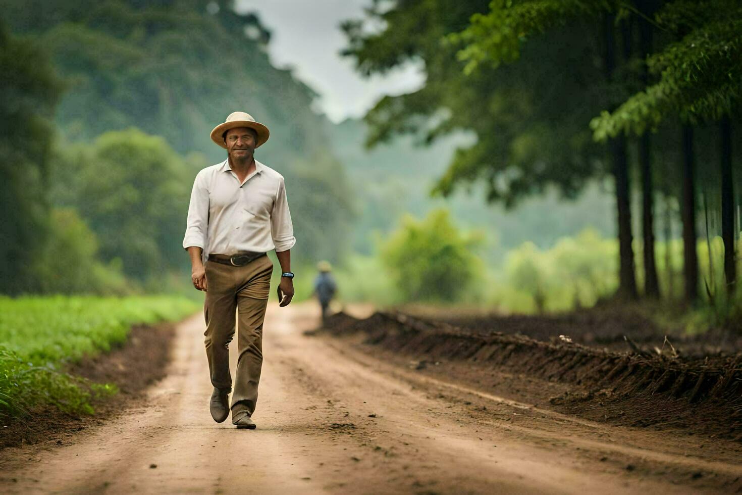 un hombre en un sombrero camina abajo un suciedad la carretera. generado por ai foto