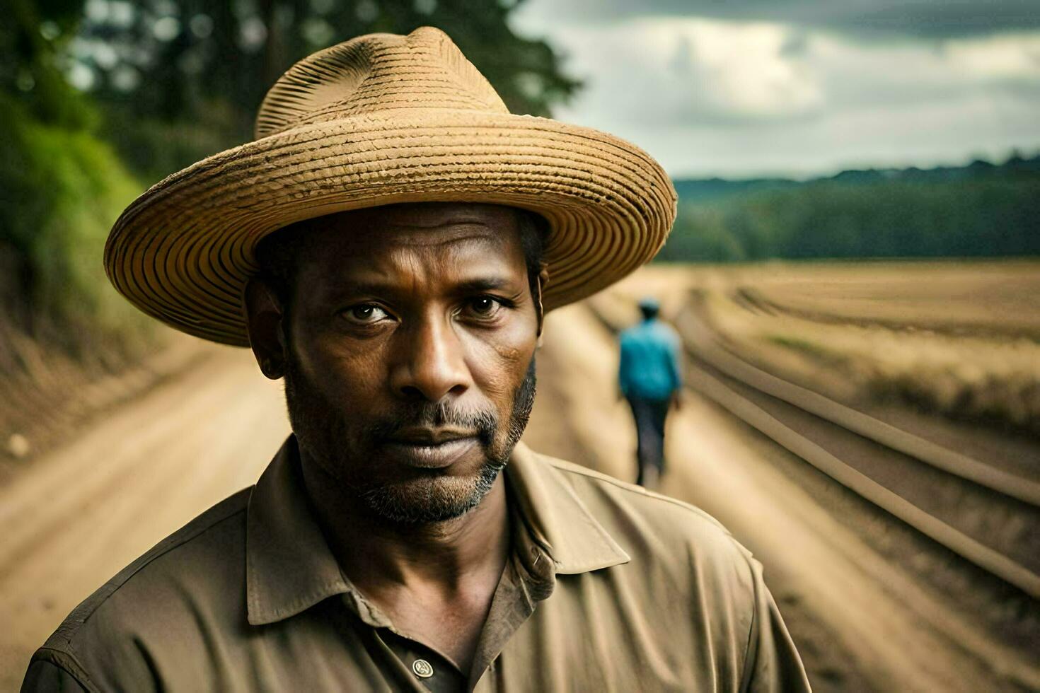 a man in a hat stands on a dirt road. AI-Generated photo