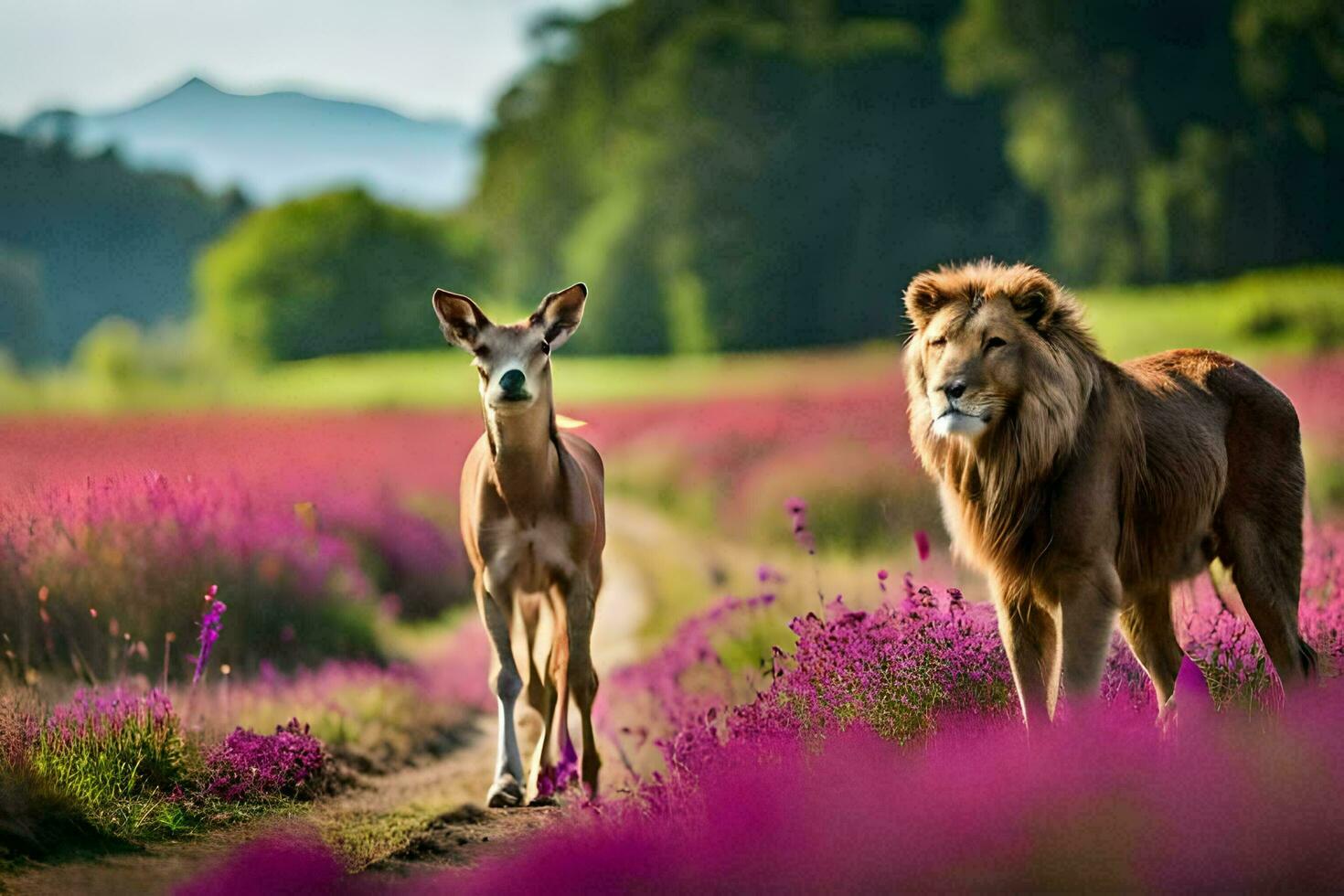 dos leones y un ciervo en un campo de púrpura flores generado por ai foto