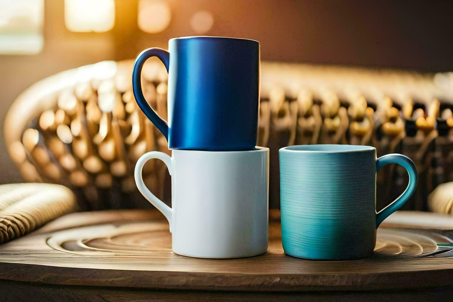 two blue and white coffee mugs on a wooden table. AI-Generated photo