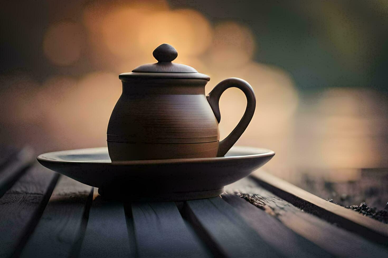 a brown teapot sitting on a wooden table. AI-Generated photo