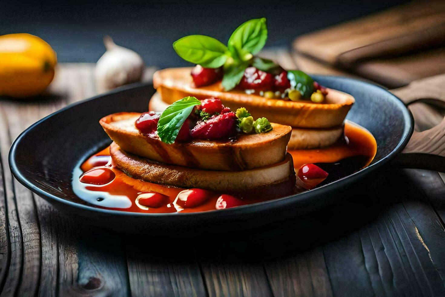 a plate of food with two slices of bread and tomatoes. AI-Generated photo