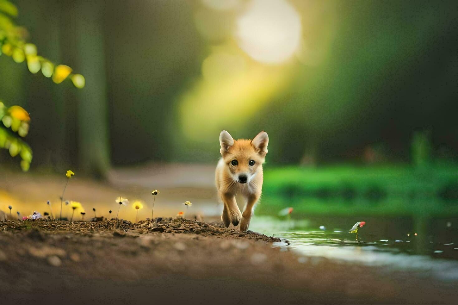 a puppy walking along a path near a river. AI-Generated photo