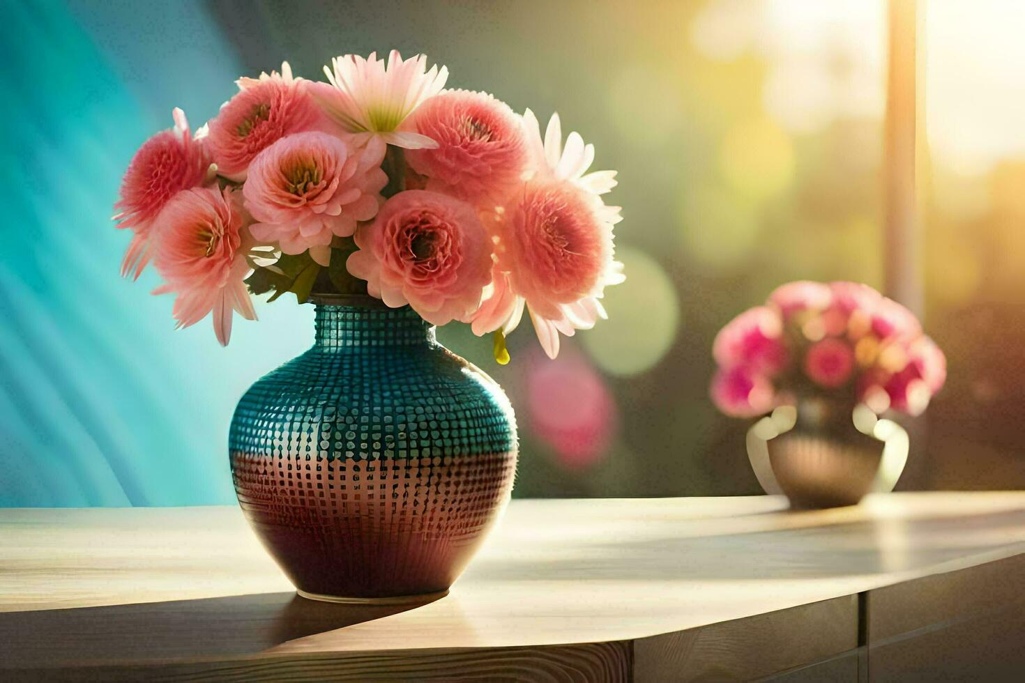 pink flowers in a vase on a table. AI-Generated photo