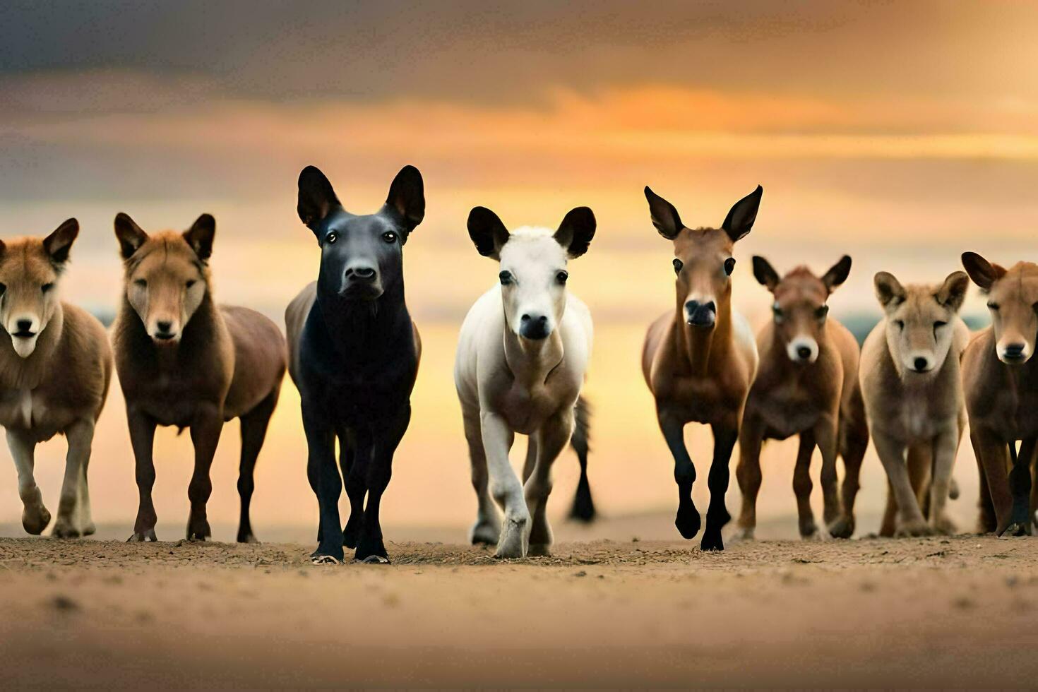 a group of horses running in the sand. AI-Generated photo