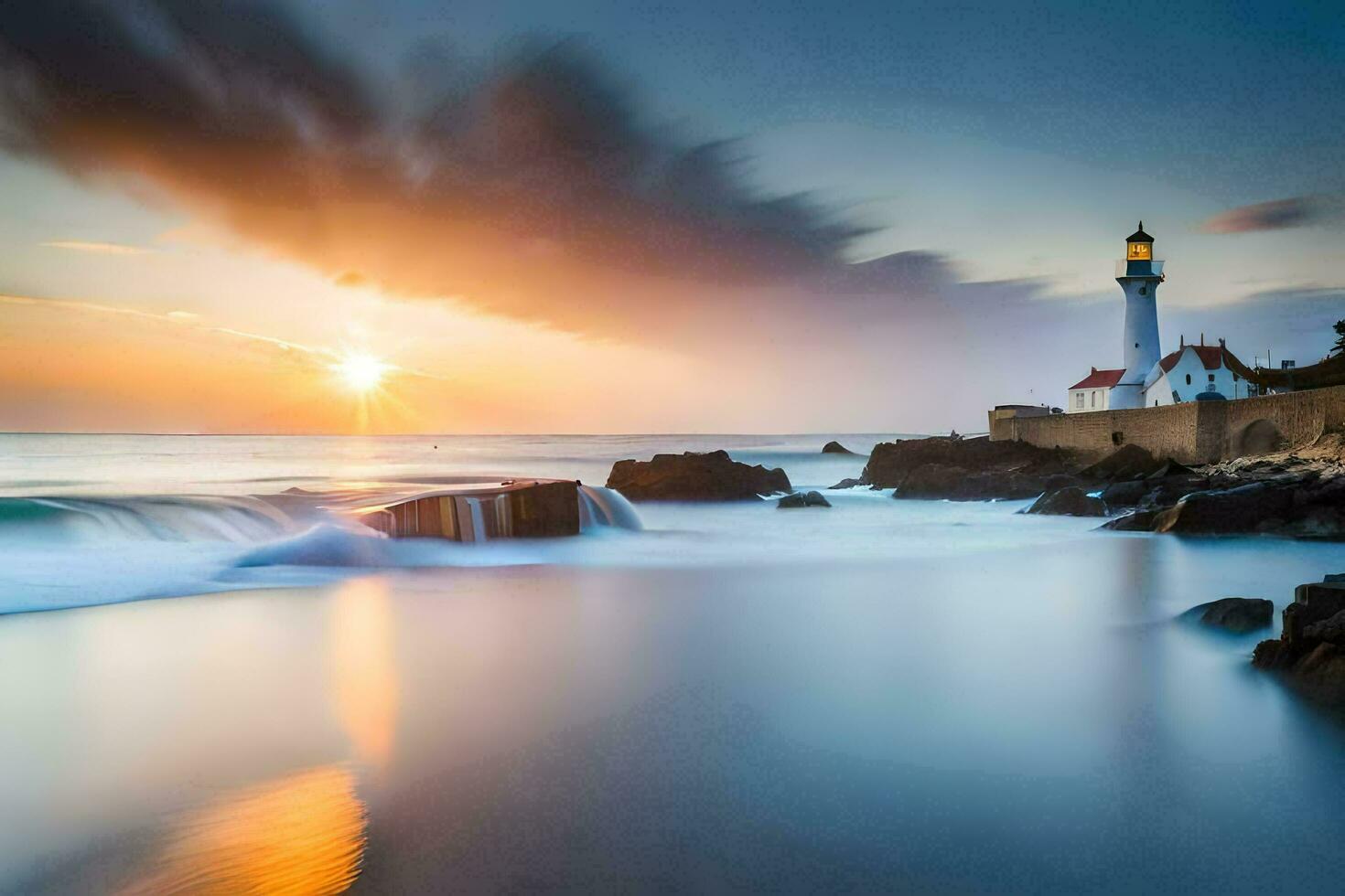 the sun rises over a lighthouse and waves crashing into the ocean. AI-Generated photo