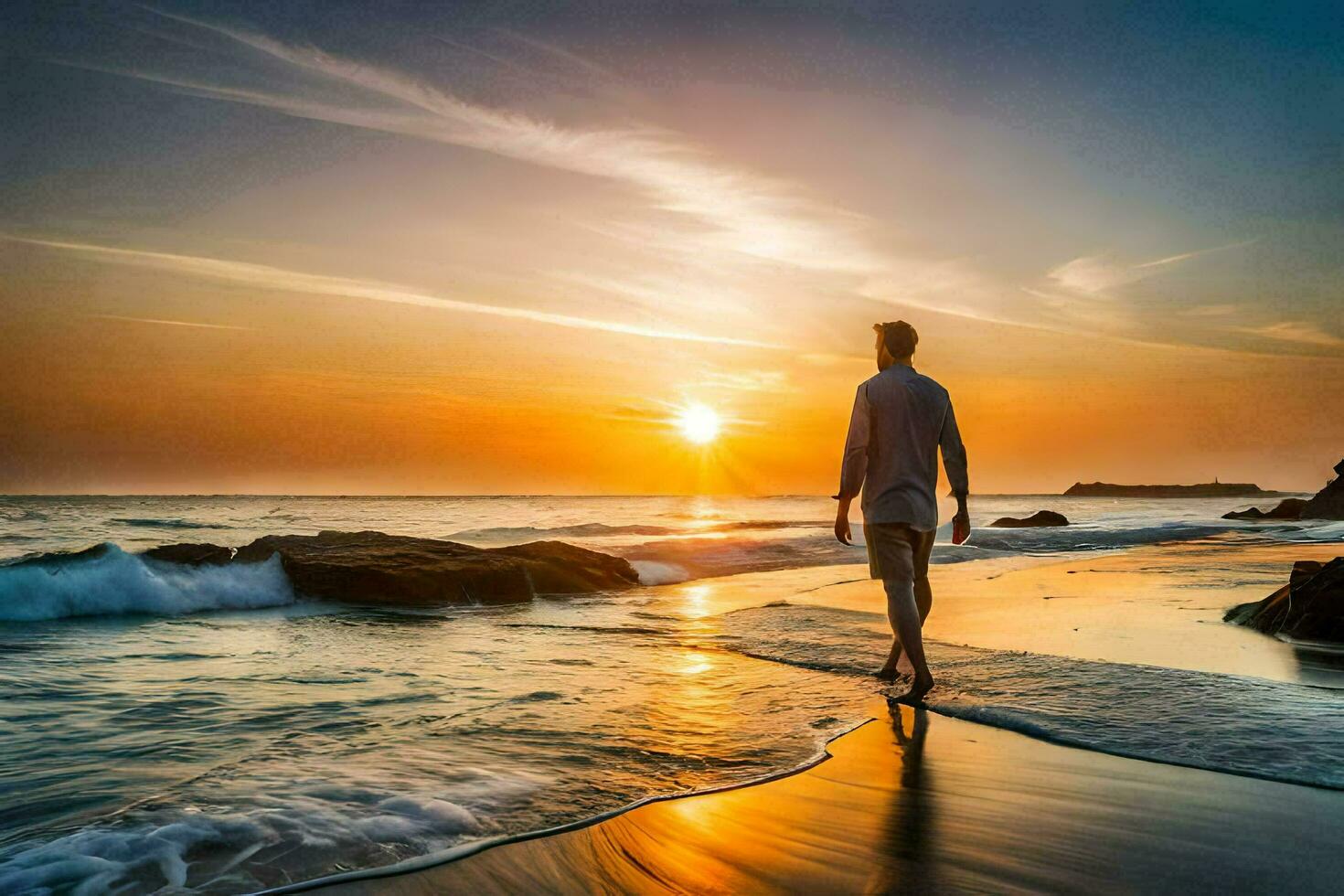 a man walking on the beach at sunset. AI-Generated photo