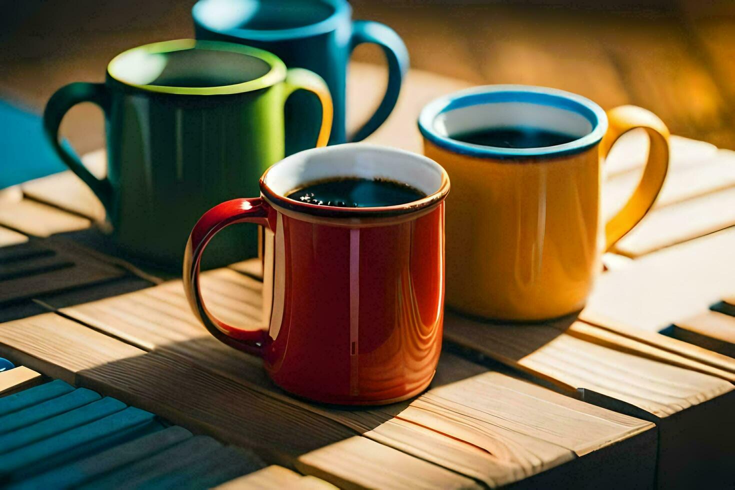 three colorful coffee mugs on a wooden table. AI-Generated photo