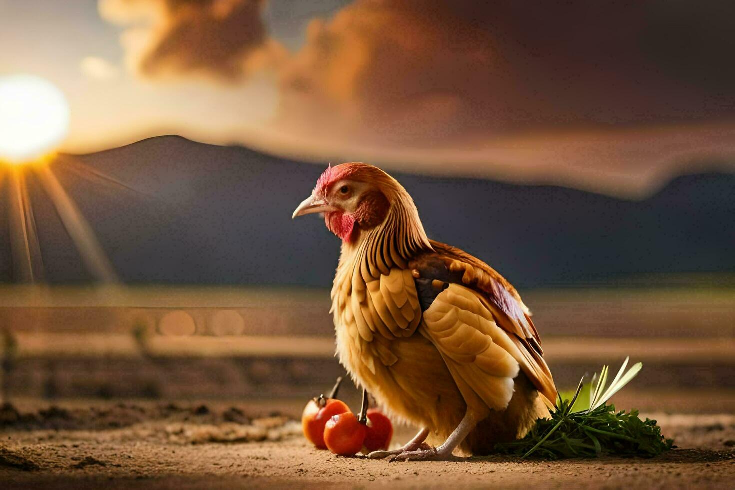 a chicken is standing on the ground with a cherry. AI-Generated photo