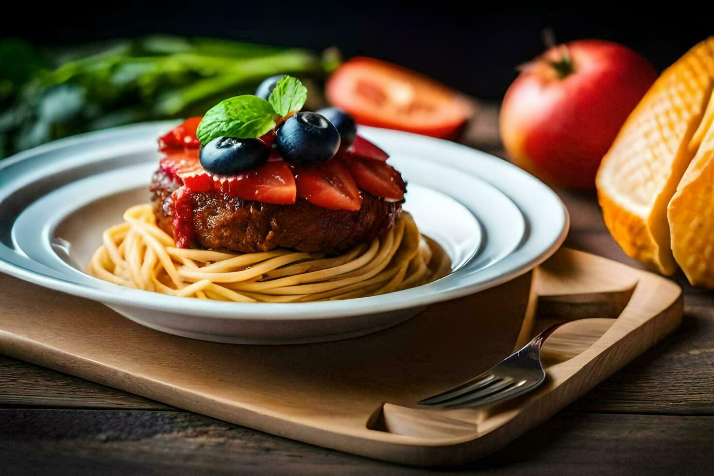 the food is served on a plate with a fork and a knife. AI-Generated photo