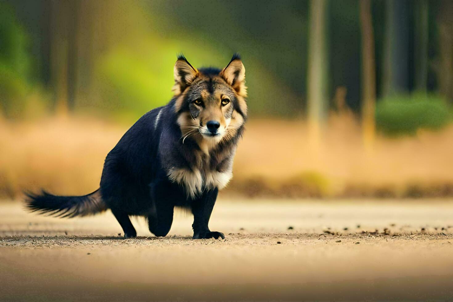 a wolf is walking on the road. AI-Generated photo