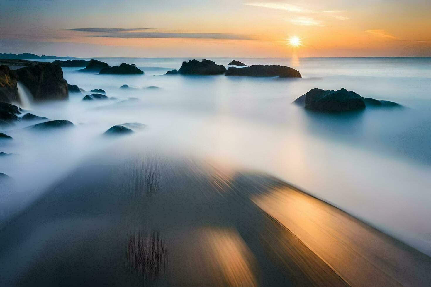 a long exposure photograph of the sun setting over the ocean. AI-Generated photo