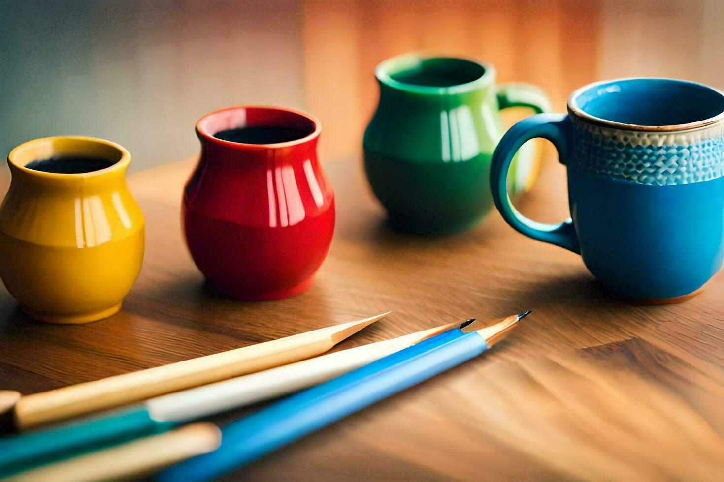 colorful coffee cups and pencils on a table. AI-Generated photo