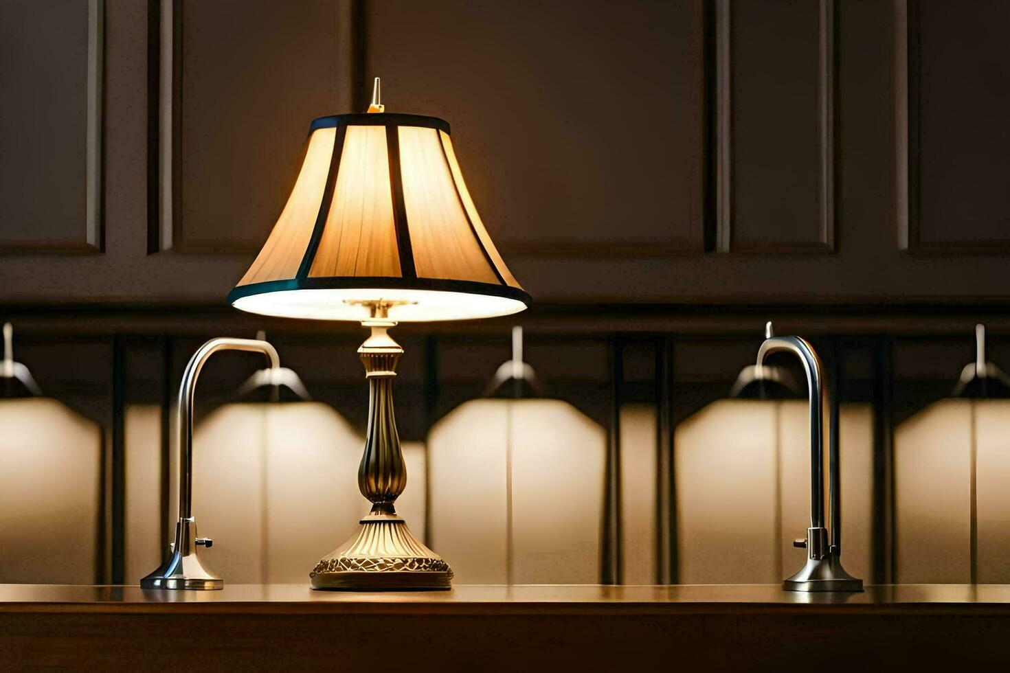 a lamp on a table in front of a sink. AI-Generated photo