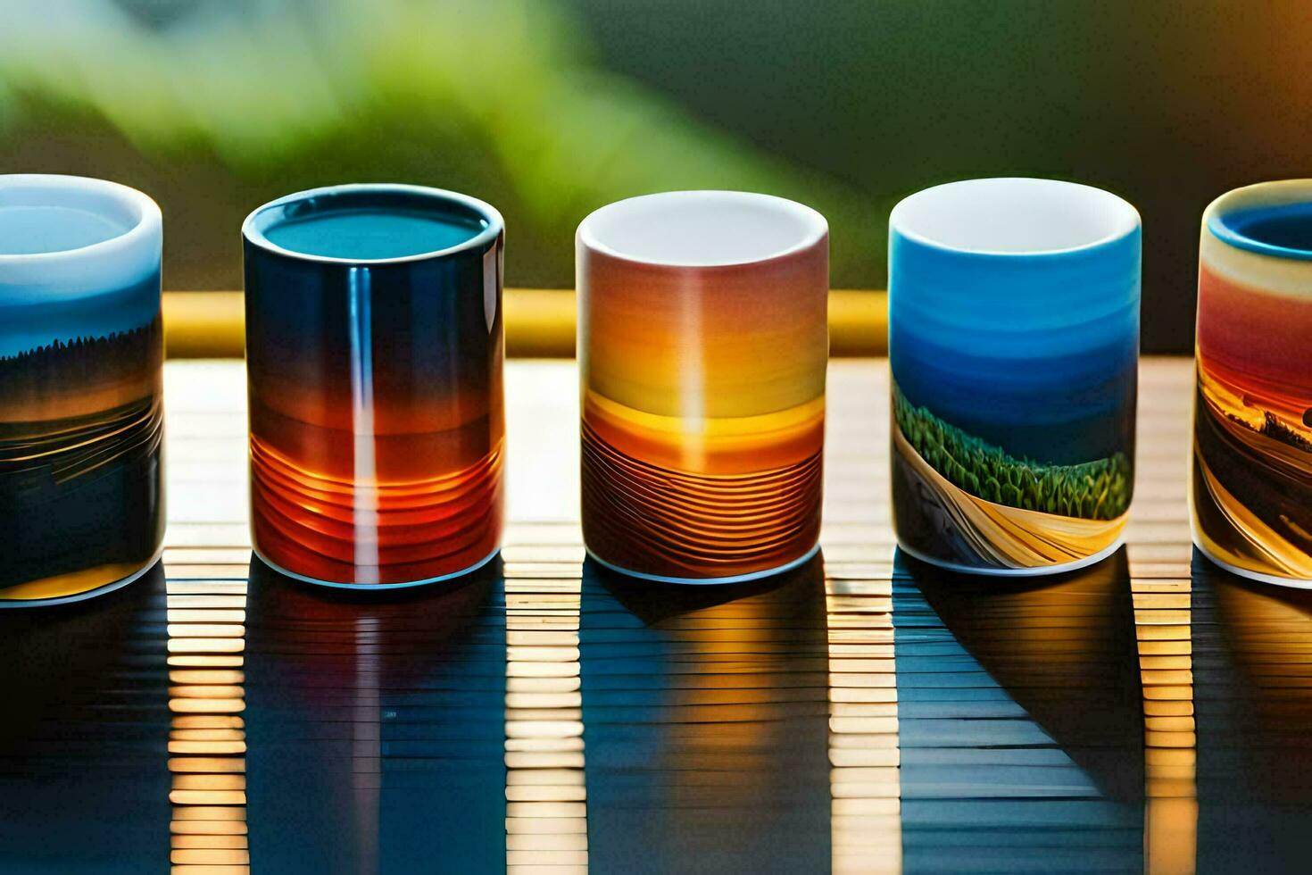 five different colored cups with different designs. AI-Generated photo