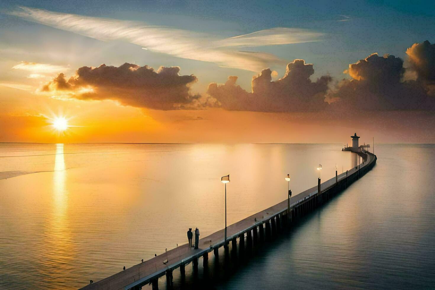 a pier with a lighthouse at sunset. AI-Generated photo
