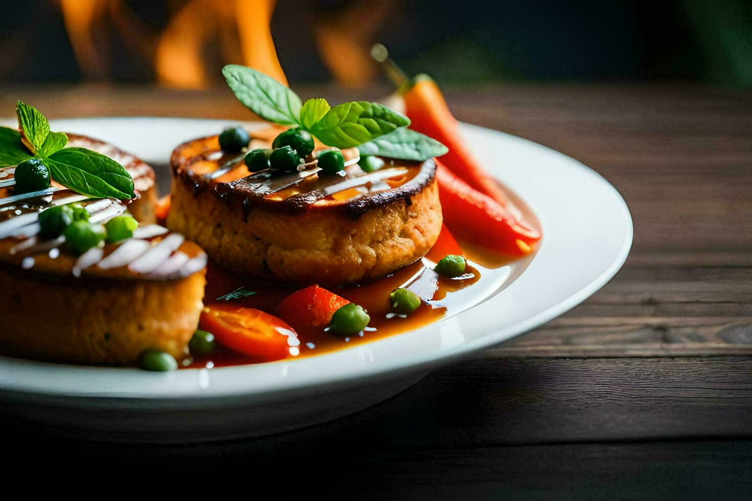 a plate of food with meat and vegetables on a table. AI-Generated photo