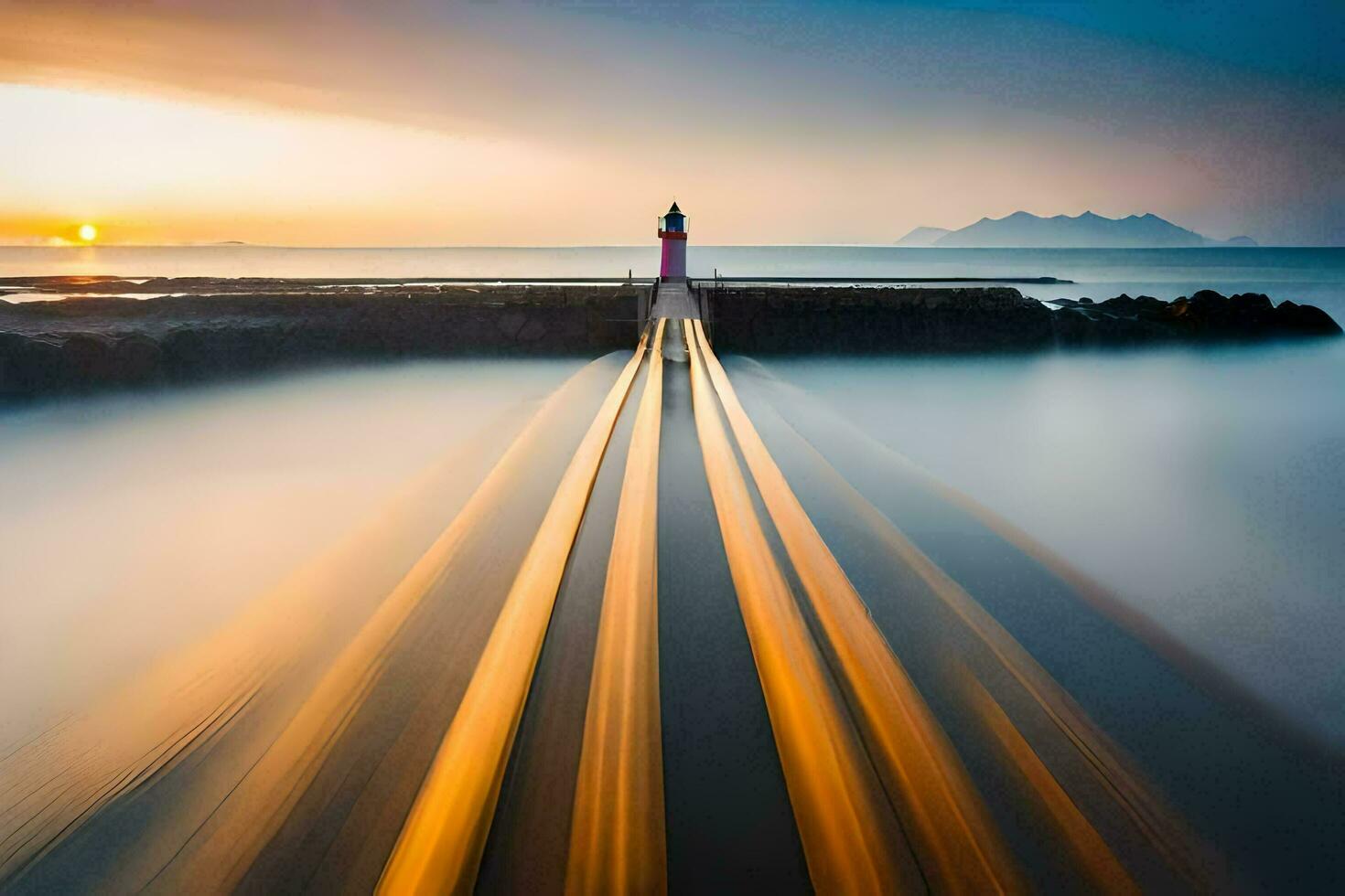a long exposure photograph of a lighthouse at sunset. AI-Generated photo